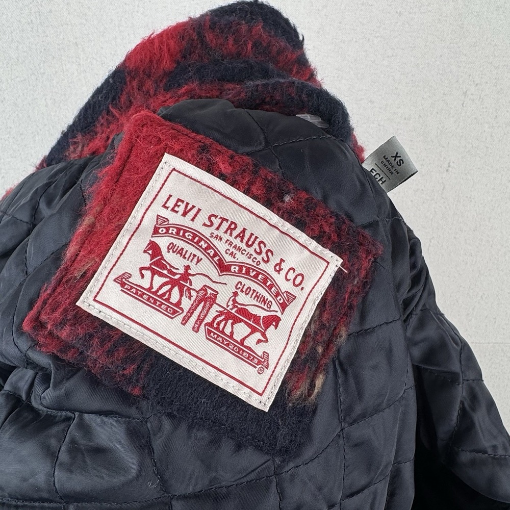 Levi's Trucker Jacket Buffalo Plaid Zipper Button Wool Blend Red Women's XS - Picture 12 of 14